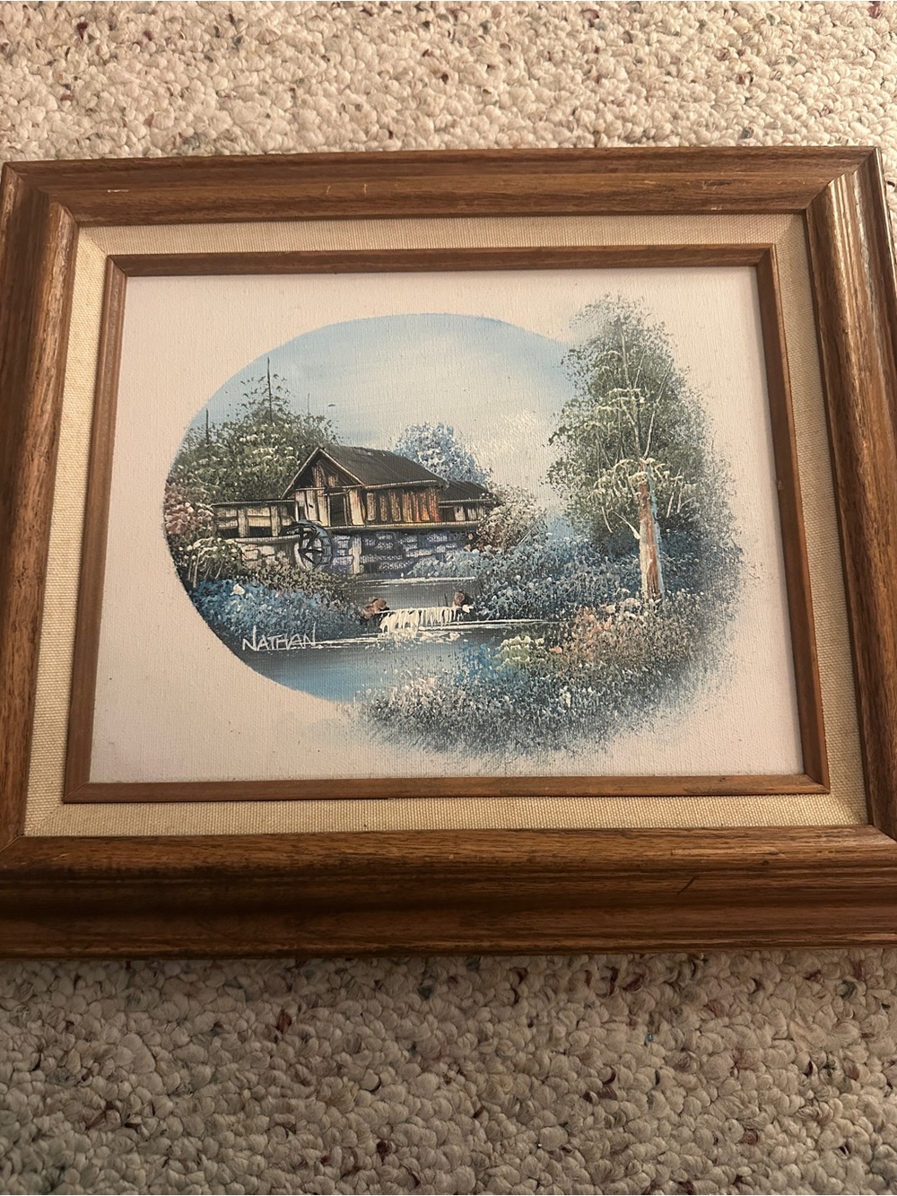 landscape oil painting depicting a rustic country water mill next to a stream